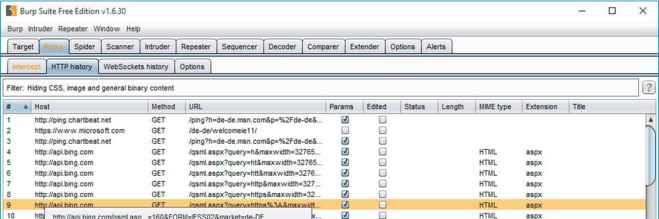Die Burp Suite schneidet den Web- und Netzwerk-Traffic granular mit, auf der Registerkarte „Proxy\HTTP history“ sind die letzten Verbindungen zu sehen. Die Burp Suite schneidet den Web- und Netzwerk-Traffic granular mit, auf der Registerkarte „Proxy\HTTP history“ sind die letzten Verbindungen zu sehen.