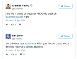 Die Kommentare auf Twitter zeigen es: Die Systeme hinter dem Streaming-Service HBO GO gingen bei der Premiere der 4. Staffel "Game of Thrones" am 7. April 2014 n die Knie. Die Kommentare auf Twitter zeigen es: Die Systeme hinter dem Streaming-Service HBO GO gingen bei der Premiere der 4. Staffel "Game of Thrones" am 7. April 2014 n die Knie.