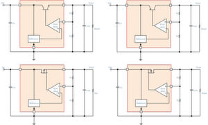Bild 2: Vier verschiedene Transistortypen in LDO-Reglern: NPN-Transistor-basierter Regler (oben links), PNP-Transistor-basierter Regler (oben rechts); N-Kanal-MOSFET-basierter Regler (unten links) und P-Kanal-MOSFET-basierter Regler (unten rechts). Bild 2: Vier verschiedene Transistortypen in LDO-Reglern: NPN-Transistor-basierter Regler (oben links), PNP-Transistor-basierter Regler (oben rechts); N-Kanal-MOSFET-basierter Regler (unten links) und P-Kanal-MOSFET-basierter Regler (unten rechts).
